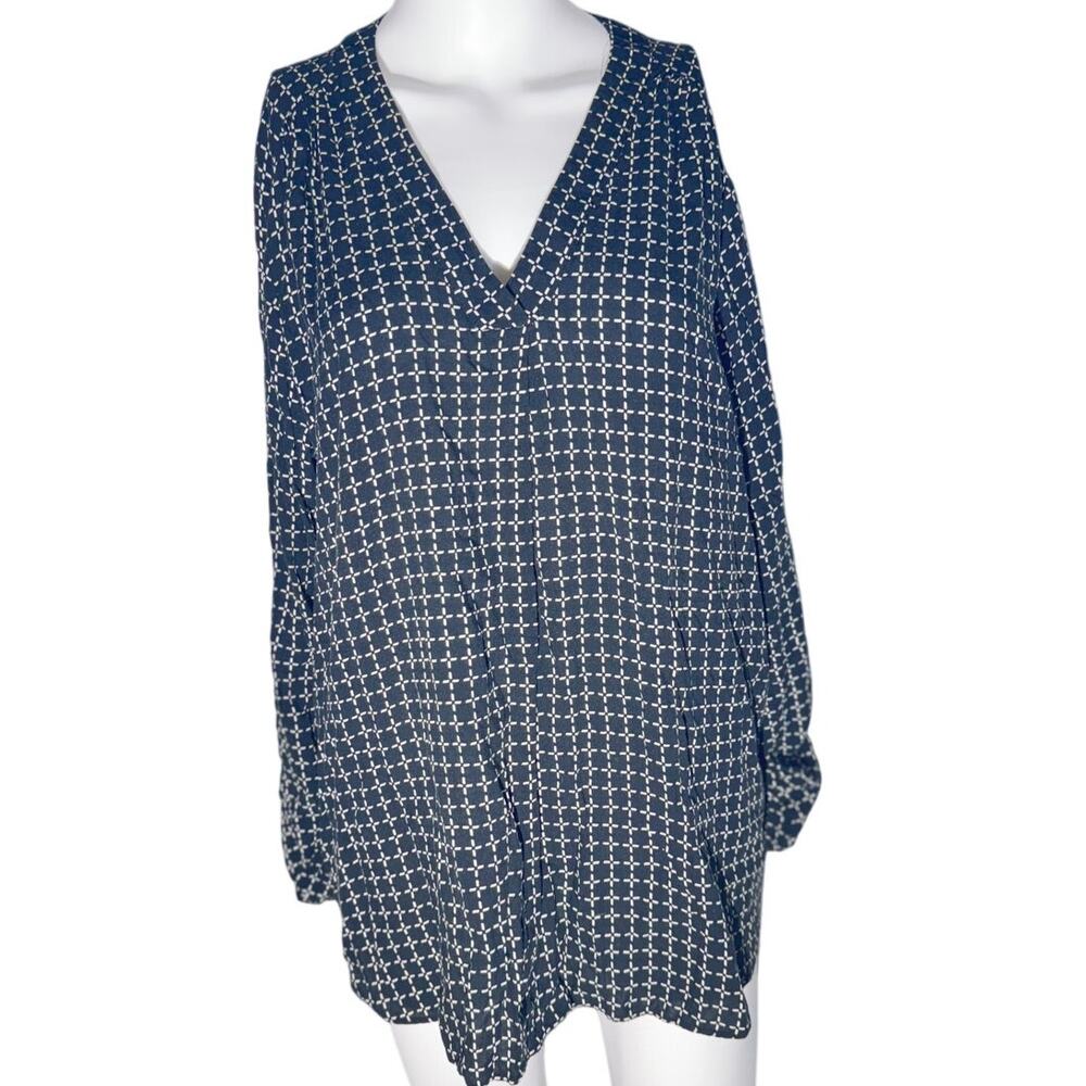 BYdesign Navy Blue Geometric V-Neck Blouse Women’s XL Long